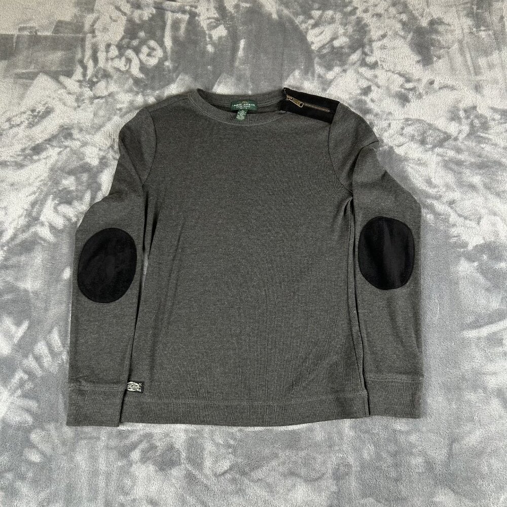 Lauren Jeans Co LRL Petite Small Black Elbow Patches Shoulder Zip Top Equestrian